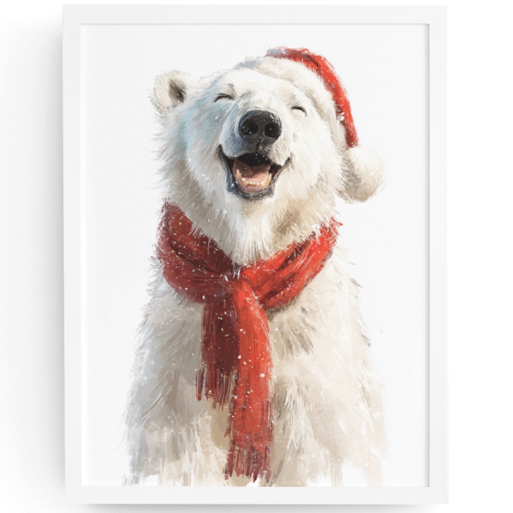 Watercolor Polar Bear with Red Scarf Portrait Wall Art Print Poster, Unframed